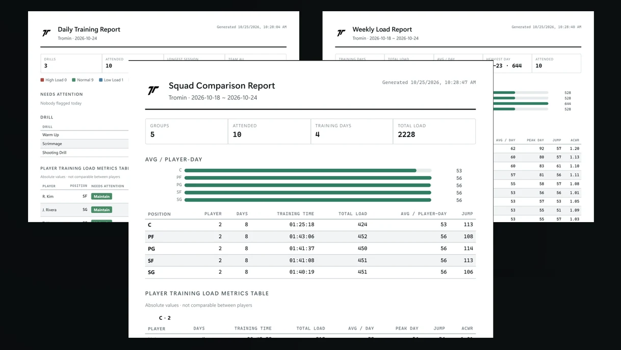 Track2go PDF reports: daily, weekly and squad
